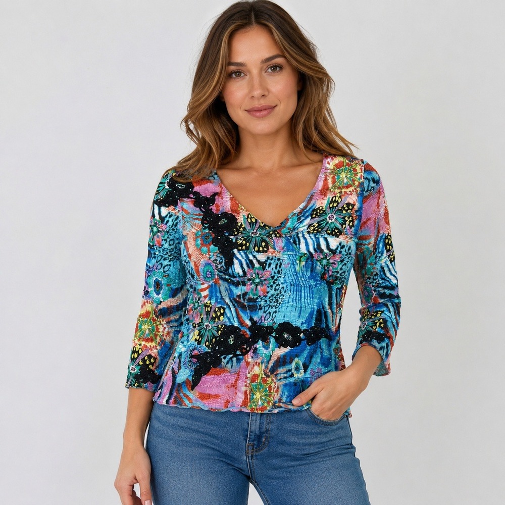 Alberto Makali Smocked V-Neck Top Small Colorful Embellished Boho‎